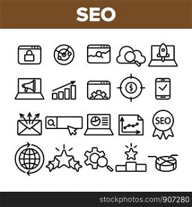 Seo Search Engine Optimization Icons Seo Vector Thin Line. Collection Of Different Seo Elements Infographic And Mail Message, Social Marketing Signs Linear Pictograms. Monochrome Contour Illustrations. Seo Search Engine Optimization Icons Seo Vector