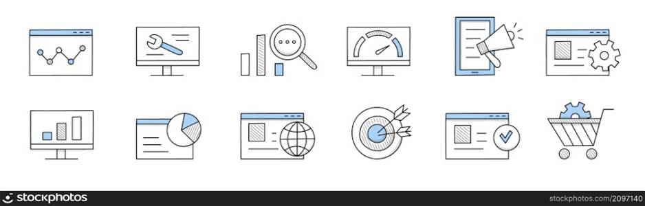 SEO, search engine optimization icons. Symbols of Internet marketing, digital content analysis and management. Vector hand drawn set of shopping cart, megaphone, computer screen with graph and target. SEO, search engine optimization doodle icons