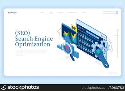 SEO search engine optimization isometric landing page. Technology for internet marketing and digital business content. Computer devices desktop with gears and analysis charts, 3d vector web banner. SEO optimization isometric landing page banner