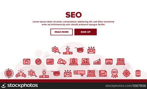 Seo Search Engine Optimization Landing Web Page Header Banner Template Vector. Of Different Seo Elements Infographic And Mail Message, Social Marketing Illustration. Seo Search Engine Optimization Landing Header Vector