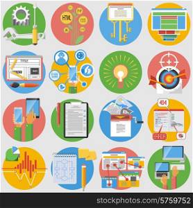 Seo search results optimization service and website content editing flat round pictograms collection abstract isolated vector illustration. Seo icons set flat