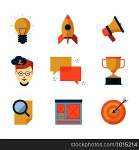 Seo smm business icons. Brainstorming communication campaigns marketing strategy vector symbols flat collection. Seo strategy brainstorming and solution illustration. Seo smm business icons. Brainstorming communication campaigns marketing strategy vector symbols flat collection