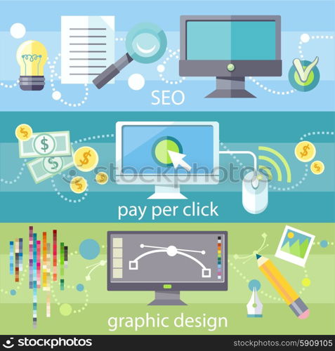 SEO social engineering optimization, programming process. Pay per click internet advertising model. Web graphic design. Program for design and architecture in flat design on banners