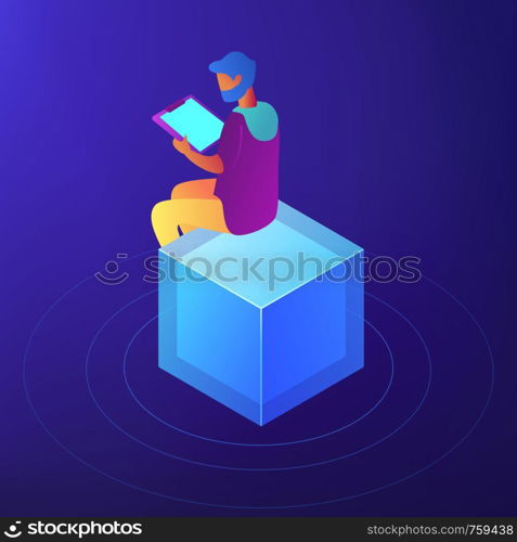 SEO specialist with clipboard working on content strategy. SEO content writer and copywriter, content strategist, report and analysis concept. Blue violet background. Vector 3d isometric illustration.. SEO specialist, copywriter isometric illustration.