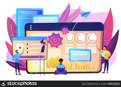 SEO specialists work on high-quality organic search traffic for websites. SEO analytics team, SEO optimization, internet promotion concept. Bright vibrant violet vector isolated illustration. SEO analytics team concept vector illustration.