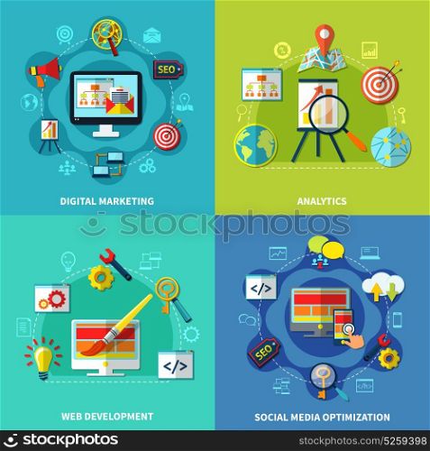 SEO Square Compositions Set. Seo analytics square design concept with digital web marketing social media icons round compositions vector illustration
