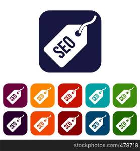 Seo tag icons set vector illustration in flat style in colors red, blue, green, and other. Seo tag icons set