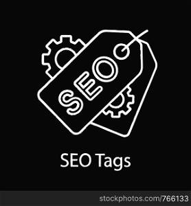 SEO tags chalk icon. Meta tags. Search optimization. SEO marketing. Label and cogwheels. Isolated vector chalkboard illustration. SEO tags chalk icon