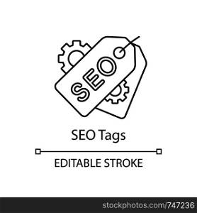 SEO tags linear icon. Meta tags. Thin line illustration. Search optimization. SEO marketing. Label and cogwheels. Contour symbol. Vector isolated outline drawing. Editable stroke. SEO tags linear icon