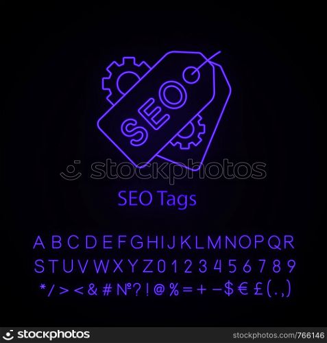 SEO tags neon light icon. Meta tags. Search optimization. SEO marketing. Label and cogwheels. Glowing sign with alphabet, numbers and symbols. Vector isolated illustration. SEO tags neon light icon
