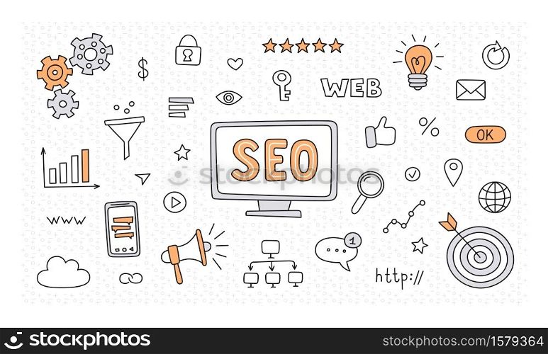 Seo technology and web traffic optimization. Hand drawn seo icons collection. Vector illustration in doodle style. Seo technology and web traffic optimization. Hand Drawn vector illustration