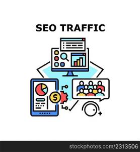 Seo Traffic Vector Icon Concept. Seo Traffic Researching Businessman And Developing Strategy For Increasing Audience And Money Profit. Internet Business And E-commerce Color Illustration. Seo Traffic Vector Concept Color Illustration