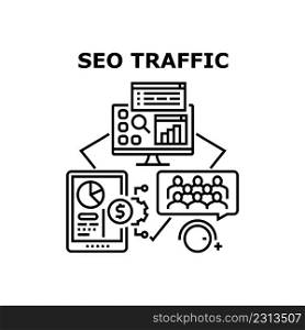 Seo Traffic Vector Icon Concept. Seo Traffic Researching Businessman And Developing Strategy For Increasing Audience And Money Profit. Internet Business And E-commerce Black Illustration. Seo Traffic Vector Concept Black Illustration