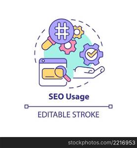 SEO usage concept icon. Digital promotion content optimization. Marketing trend abstract idea thin line illustration. Isolated outline drawing. Editable stroke. Arial, Myriad Pro-Bold fonts used. SEO usage concept icon