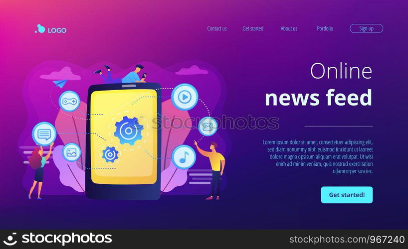 SEO, website, software development. App optimization, programming. Web designers, programmers cartoon characters. Mobile content concept. Website homepage landing web page template.. Mobile content concept landing page