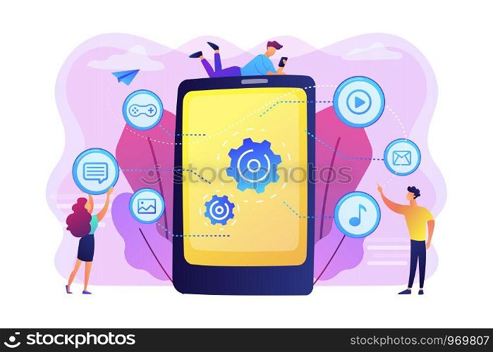 SEO, website, software development. App optimization, programming. Web designers, programmers cartoon characters. Mobile content concept. Bright vibrant violet vector isolated illustration. Mobile content concept vector illustration