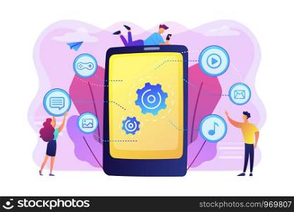 SEO, website, software development. App optimization, programming. Web designers, programmers cartoon characters. Mobile content concept. Bright vibrant violet vector isolated illustration. Mobile content concept vector illustration