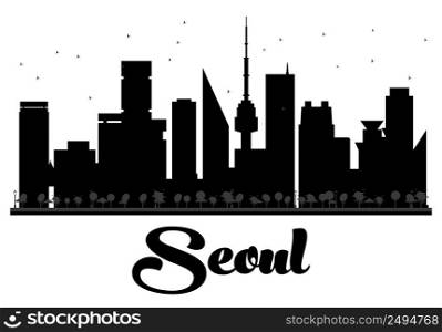 Seoul City skyline black and white silhouette. Vector illustration. Concept for tourism presentation, banner, placard or web site. Business travel concept. Cityscape with famous landmarks