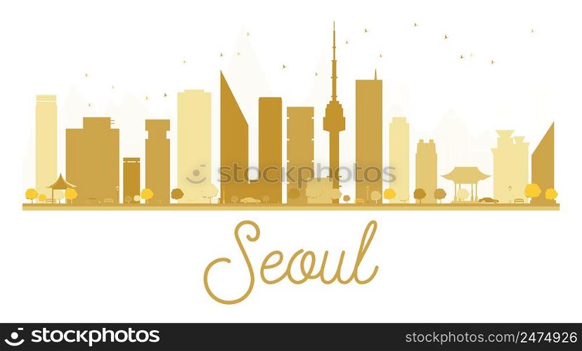 Seoul City skyline golden silhouette. Vector illustration. Simple flat concept for tourism presentation, banner, placard or web site. Seoul isolated on white background