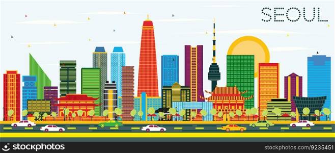 Seoul Korea Skyline with Color Buildings and Blue Sky. Vector Illustration. Business Travel and Tourism Concept with Modern Architecture. Seoul Cityscape with Landmarks.
