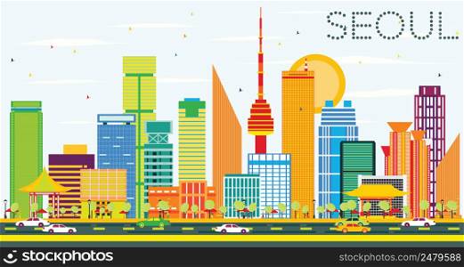 Seoul Skyline with Color Buildings and Blue Sky. Vector Illustration. Business Travel and Tourism Concept with Seoul Modern Buildings. Image for Presentation and Banner.