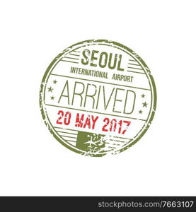 Seoul, South Korea international airport st&template isolated. Vector round visa, arrival mark. South Korea, Seoul airport visa st&isolated