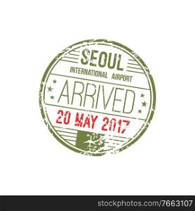 Seoul, South Korea international airport stamp template isolated. Vector round visa, arrival mark. South Korea, Seoul airport visa stamp isolated