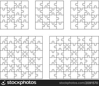 Separate pieces of five white jigsaw puzzles