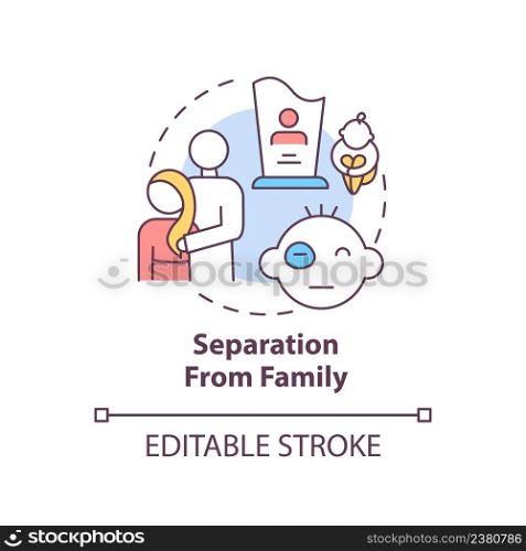 Separation from family concept icon. Armed conflicts effect abstract idea thin line illustration. Childhood experience. Isolated outline drawing. Editable stroke. Arial, Myriad Pro-Bold fonts used. Separation from family concept icon