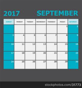September 2017 calendar week starts on Sunday, stock vector