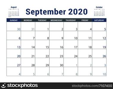September 2020 calendar. English planner. ?olor vector template. Week starts on Sunday. Business planning. New year calender. Clean minimal table. Simple design