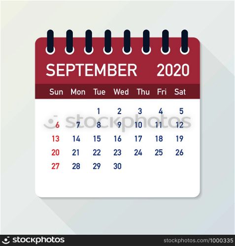September 2020 Calendar Leaf. Calendar 2020 in flat style. Vector stock illustration.. September 2020 Calendar Leaf. Calendar 2020 in flat style. Vector illustration.
