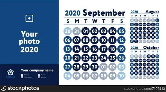 September 2020 calendar. New year planner design. English calender. Blue color vector template. Week starts on Sunday. Business planning.