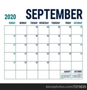 September 2020. Calendar planner. English calender template. Vector square grid. Office business planning. Creative design. Blue color