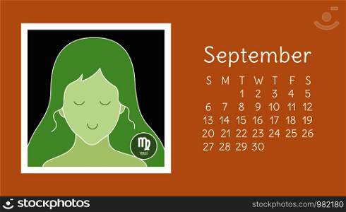 September 2020. Calendar. Zodiac sign: virgo. Vector horoscope. Astrological calender. Color design