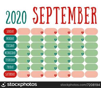 September 2020 diary. Calendar. Cute trend design. New year planner. English calender. Green and red color vector template. Notebook for notes. Week starts on Sunday. Planning. Hearts
