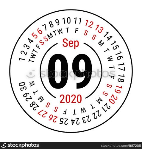 September 2020. Vector English ?alendar. Round calender. Week starts on Sunday. Design template. Circle. Ninth month