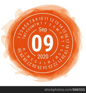 September 2020. Vector English ?alendar. Watercolor kid's sketch doodle style. Color hand drawn frame. Round calender. Smoky circle