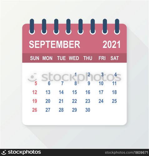 September 2021 Calendar Leaf. Calendar 2021 in flat style. Vector illustration. September 2021 Calendar Leaf. Calendar 2021 in flat style. Vector illustration.
