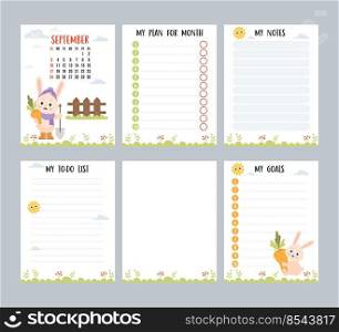 September 2023. Monthly calendar planner with cute rabbit farmer with shovel and carrots, harvesting. Vector set vertical page templates to-do list, my plan and notes. English. Week from Sunday

