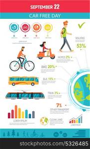 September 22 Car Free Day Vector Illustration. September 22, car free day poster, showing statistics on walking and cycling, taking bus and train, clean land icon, vector illustration set of icons