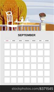 September Calendar Planner month. Minimalistic landscape natural backgrounds Autumn. Monthly template for diary business. Vector isolated illustration. September Calendar Planner month. Minimalistic landscape natural backgrounds Autumn. Monthly template for diary business. Vector isolated