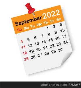 September page 2022 calendar. Red drawing pin. Orange icon. Wall art. Simple icon. Vector illustration. Stock image. EPS 10.. September page 2022 calendar. Red drawing pin. Orange icon. Wall art. Simple icon. Vector illustration. Stock image.