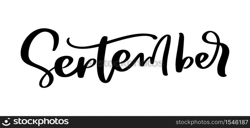 September Vector ink lettering. Handwriting black on white word. Modern calligraphy style. Brush pen.. September Vector ink lettering. Handwriting black on white word. Modern calligraphy style. Brush pen