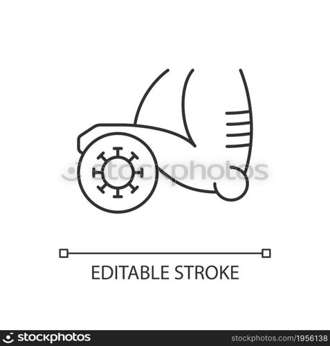 Septic arthritis linear icon. Joint infection. Severe pain in elbow. Disease caused by viruses. Thin line customizable illustration. Contour symbol. Vector isolated outline drawing. Editable stroke. Septic arthritis linear icon