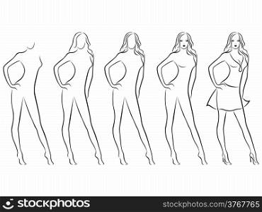 Sequence of hand drawing creation a beautiful female vector contour with five steps. Model of each stage can be used as a self-contained image. Beautiful female contour in drawing sequence