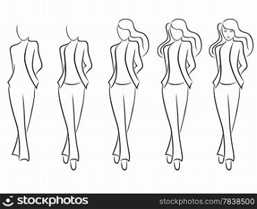 Sequence of hand drawing creation a beautiful female vector contour with five steps. Model of each stage can be used as a self-contained image. Sequence of drawing a beautiful female contour