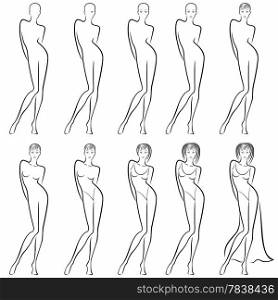 Sequence of hand drawing creation a beautiful female vector contour with ten steps. Model of each stage can be used as a self-contained image. Sequence of creation a beautiful female contour