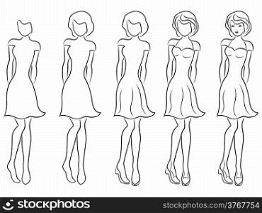 Sequence of hand drawing creation a beautiful women vector contour with five steps. Model of each stage can be used as a self-contained image. Beautiful women contour in drawing sequence