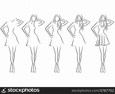 Sequence of hand drawing creation a beautiful young women vector contour with five steps. Model of each stage can be used as a self-contained image. Beautiful young women contour in drawing sequence